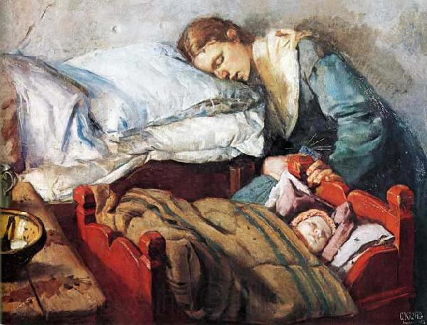 Christian Krohg Sovende mor med barn Norge oil painting art